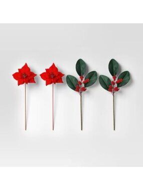 Target 4pc Christmas Pick Set 2 Magnolia Leaf 2 Red Poinsettia Wondershop™